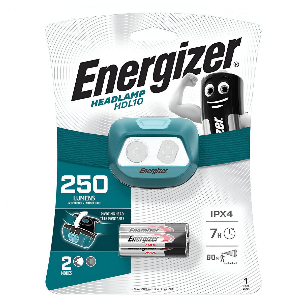The packaging for the Energizer LED Head Torch 250 Lumen - Batteries Included highlights hands-free illumination with a brightness of 250 lumens, IPX4 water resistance, and dual modes for versatile use. It offers up to a 7-hour runtime powered by two included AA Energizer MAX batteries. The design features a playful cartoon battery character alongside product details.