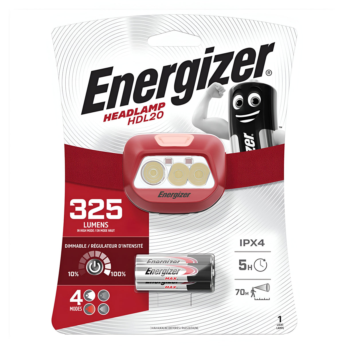 The packaging of the Energizer LED Head Torch 325 Lumen - Batteries Included highlights a red headlamp that incorporates three advanced LED technology lights. It boasts features such as 325 lumens, dimmable settings, VisionGuard technology for enhanced safety, a runtime of 5 hours, IPX4 water resistance, and a beam distance of 70 meters. The branding and battery are also prominently displayed.