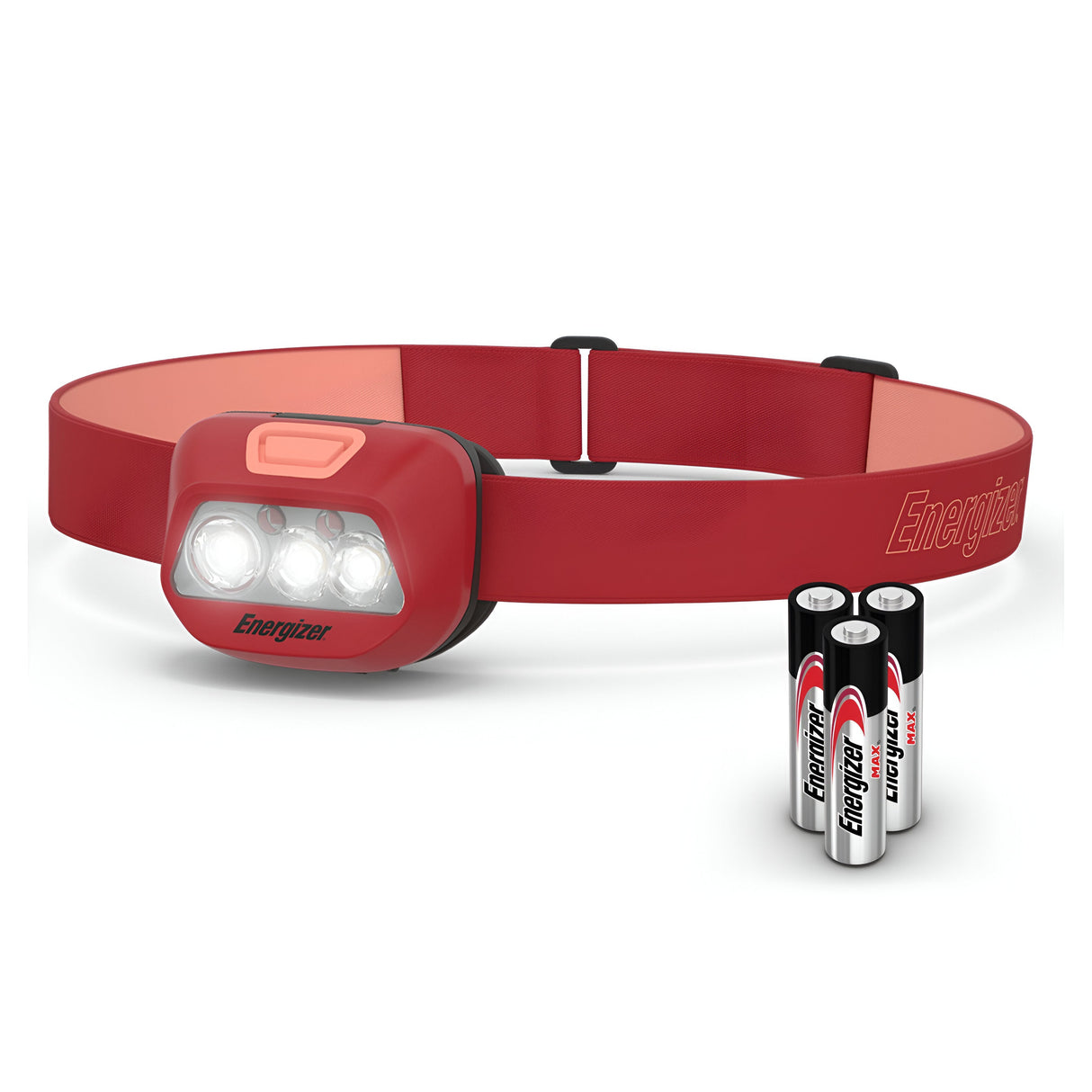 The Energizer LED Head Torch 325 Lumen, featuring an adjustable strap and advanced LED technology with three front lights, includes three Energizer batteries positioned upright beside the headlamp. Equipped with VisionGuard technology, it's perfect for hands-free lighting.