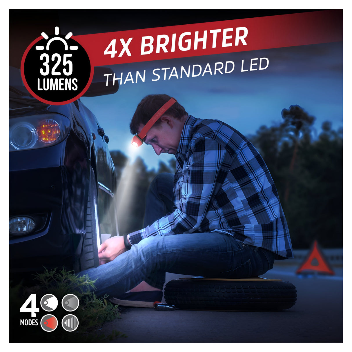 At dusk, an individual is changing a wheel on a car while wearing the Energizer LED Head Torch 325 Lumen - Batteries Included, which features VisionGuard technology. The headlamp emits a powerful light that is 4x brighter than standard LED options, rated at 325 lumens. A warning triangle can be seen positioned on the road behind the vehicle.