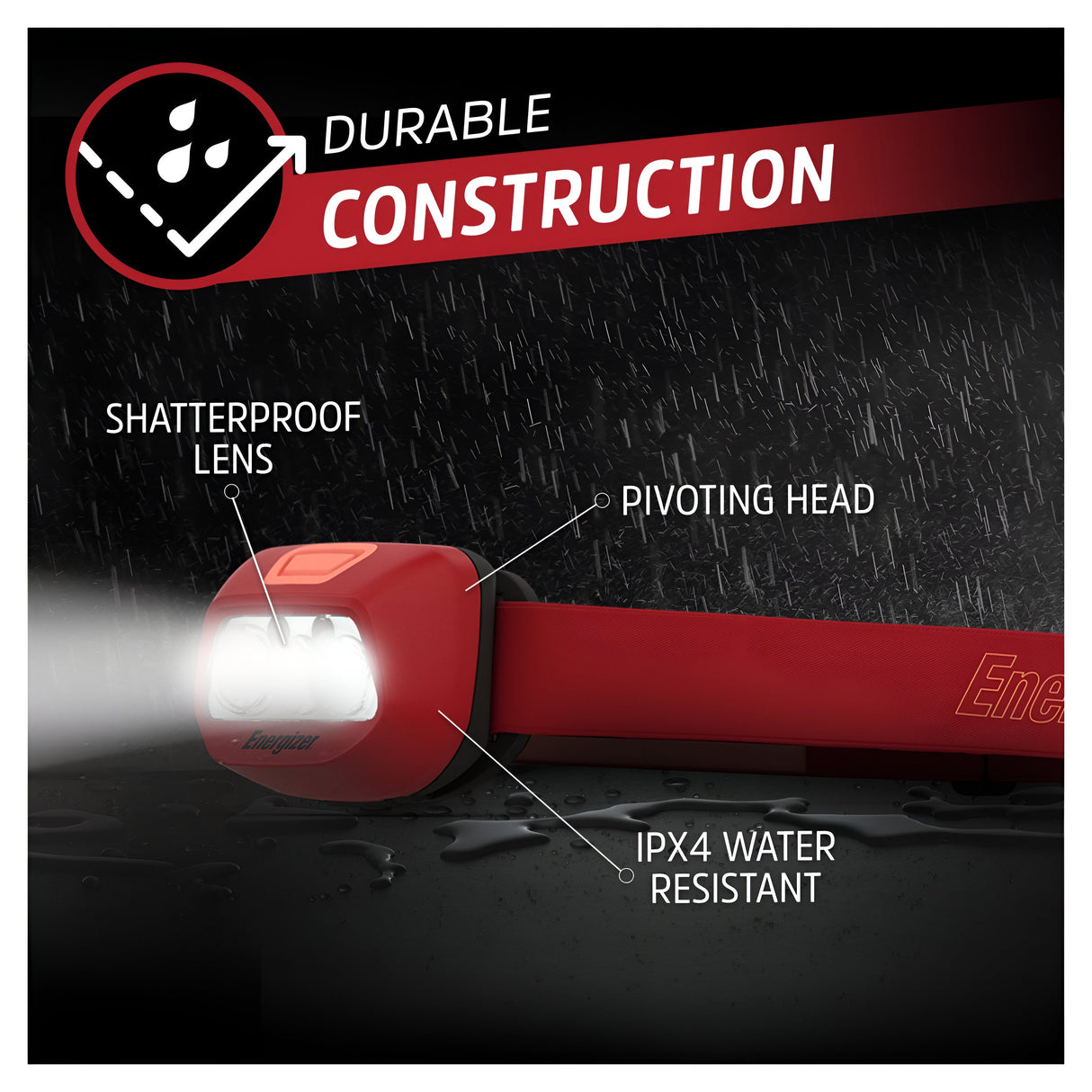 Depiction of the Energizer LED Head Torch 325 Lumen - Batteries Included, in a vivid red hue and equipped with LED technology. It showcases a shatterproof lens and pivoting head, along with IPX4 water resistance. The rainy backdrop emphasizes its robust build and VisionGuard technology.