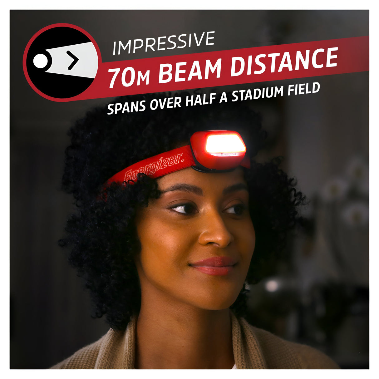 A person wearing an Energizer LED Head Torch 325 Lumen headlamp emits a bright light indoors, looking content as VisionGuard technology enhances their experience. Text on the image reads, "Impressive 70m Beam Distance, Spans Over Half a Stadium Field.