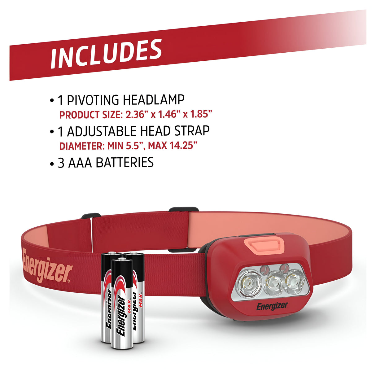 Image of the Energizer LED Head Torch in red, featuring a black adjustable strap and VisionGuard technology for eye protection. It includes three LED lights and comes with a set of three Energizer AAA batteries. The text details product dimensions, highlighting its adjustable head strap.