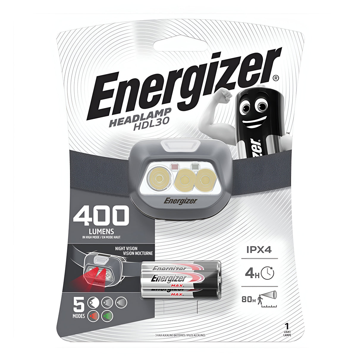 The Energizer LED Head Torch 400 Lumen - Batteries Included packaging emphasizes its 400-lumen brightness, night vision capability, and IPX4 water resistance. It comes with an Energizer Max battery and features adjustable illumination with five modes and a four-hour runtime. A cartoon battery character adds a playful element to the package design.