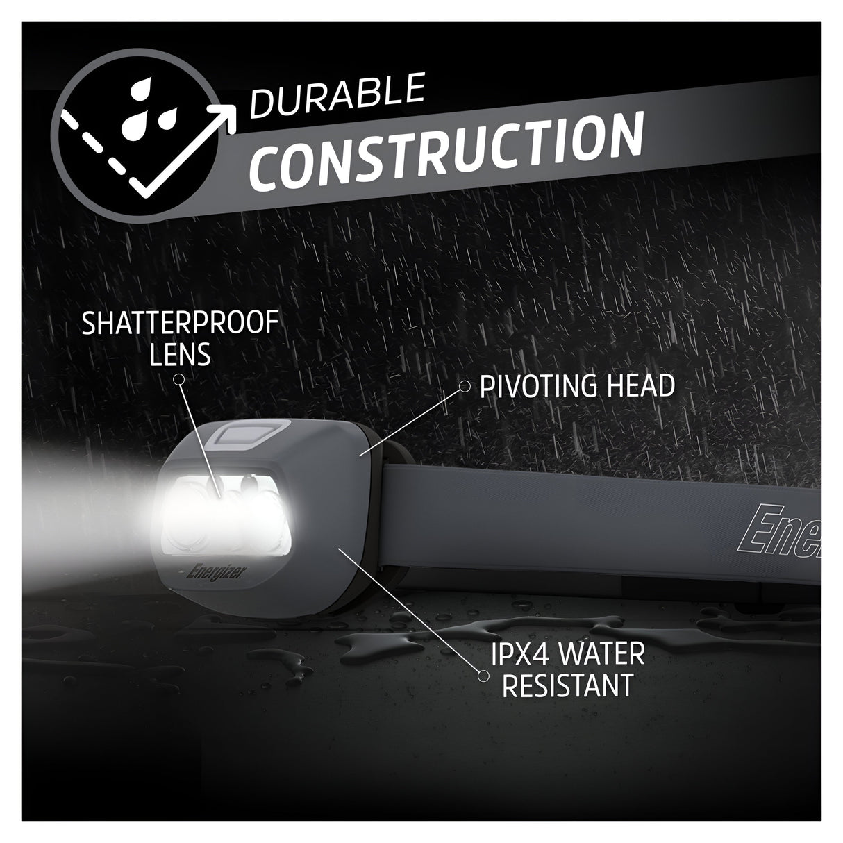 The Energizer LED Head Torch 400 Lumen - Batteries Included shines brilliantly in rainy conditions. Feature labels emphasize its Shatterproof Lens, Pivoting Head, and IPX4 Water Resistance. Background text confidently highlights its Durable Construction and adjustable illumination for versatile usage.