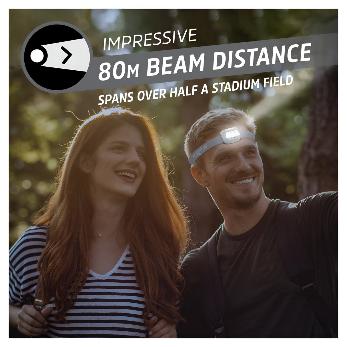 A smiling man and woman enjoy a stroll in the forest, with the Energizer LED Head Torch 400 Lumen - Batteries Included lighting their way with its adjustable illumination. Text overlay reads, "Impressive 80m beam distance spans over half a stadium field.