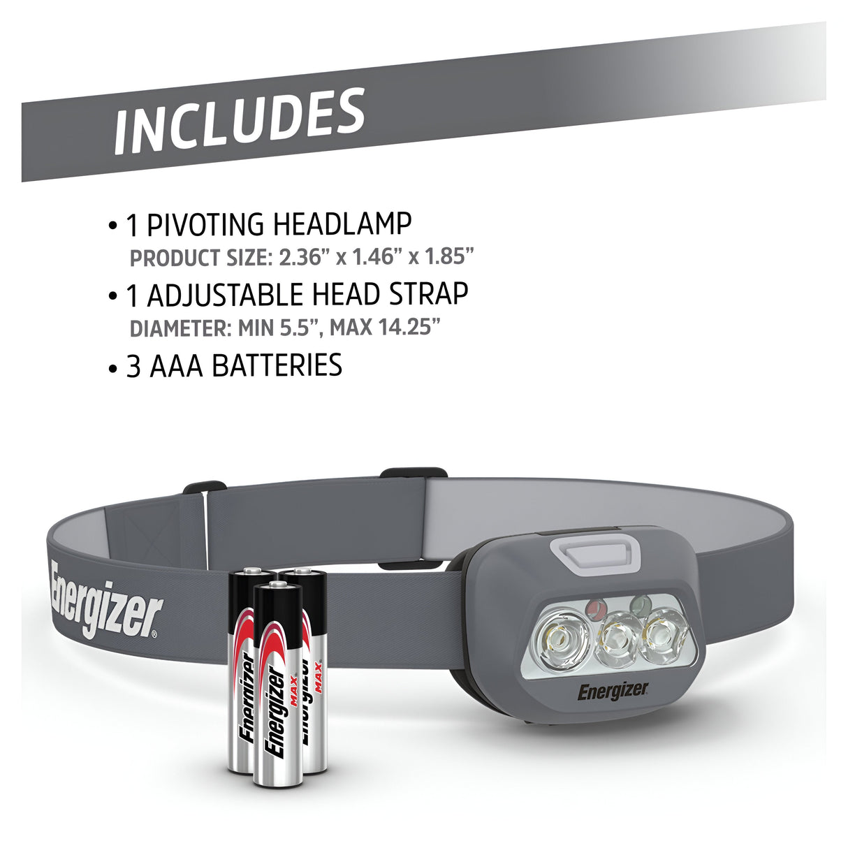 Image of the Energizer LED Head Torch 400 Lumen - Batteries Included, showcasing three circular LED lights with adjustable illumination, a convenient head strap, and powered by three AAA batteries. The text provides information on product dimensions, strap size, and battery type for maximum convenience.