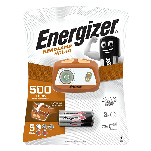 The packaging for the Energizer Waterproof LED Head Torch 500 Lumen (Orange) features a cheerful battery character. This head torch offers 500 lumens of brightness, IPX7 waterproof protection, and five versatile lighting modes. It comes with two Energizer Max AA Batteries included for immediate use.