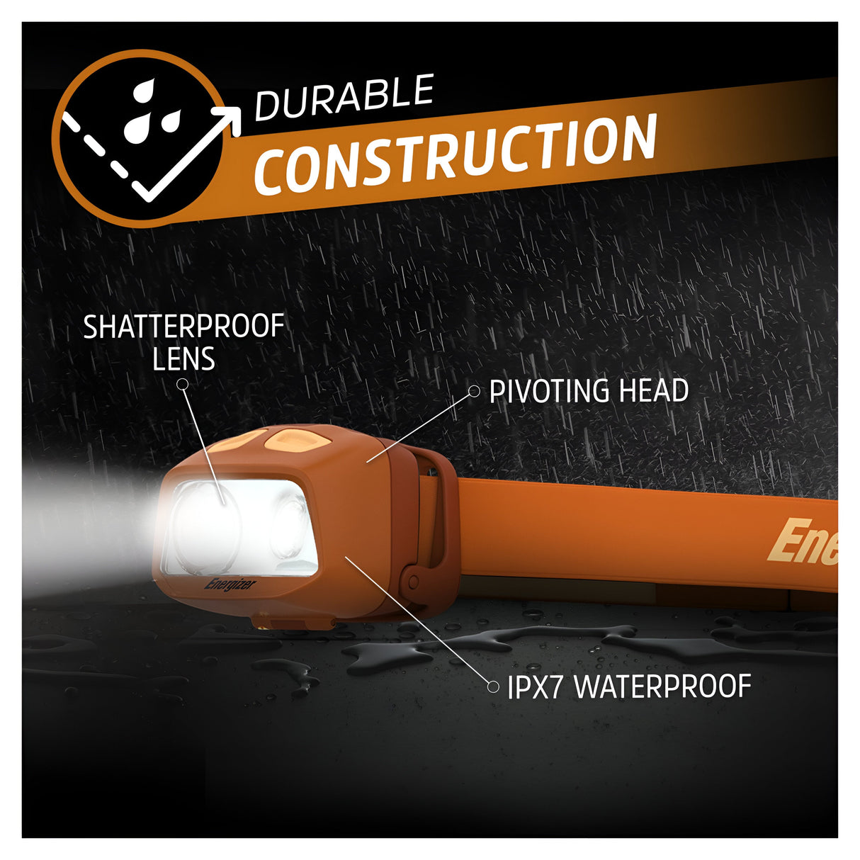 An orange Energizer Waterproof LED Head Torch, known for its durable construction and delivering up to 500 lumens of illumination, rests on a wet surface. It features a shatterproof lens and pivoting head, with an IPX7 waterproof rating that ensures it remains robust even in the rain.