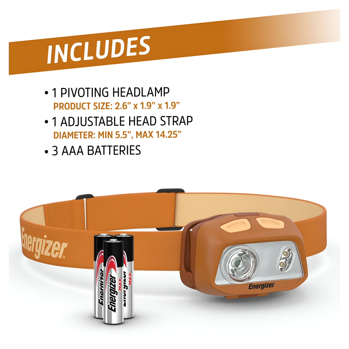The Energizer Waterproof LED Head Torch 500 Lumen set in orange includes an IPX7 waterproof headlamp with a pivoting design, capable of delivering 500 lumens of brightness. It comes with an adjustable head strap and three AAA batteries, and the compact dimensions of the headlamp are 2.6 x 1.9 x 1.9 inches, supporting a strap diameter that ranges from 5.5 to 14.25 inches.
