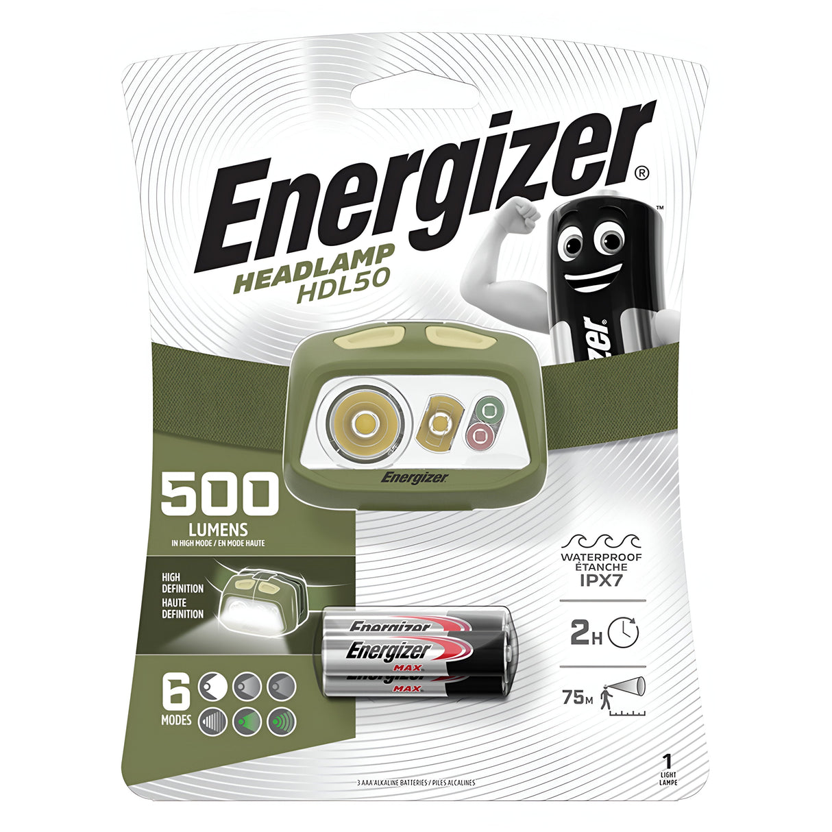 Packaging for the Energizer Waterproof LED Head Torch 500 Lumen (Green), complete with batteries. Designed for outdoor activities, it offers powerful 500-lumen illumination, six modes, an IPX7 waterproof rating, a 2-hour runtime, and a beam distance of 75 meters. Includes one Energizer MAX AA battery.