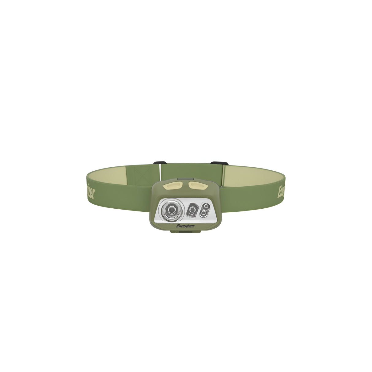 Introducing the Energizer Waterproof LED Head Torch 500 Lumen in green, complete with batteries. This headlamp features a black adjustable strap and delivers powerful lighting through its rectangular array of multiple LEDs. Perfect for outdoor activities, it comes equipped with two top buttons and displays white branding on its side strap, all showcased against a white background.