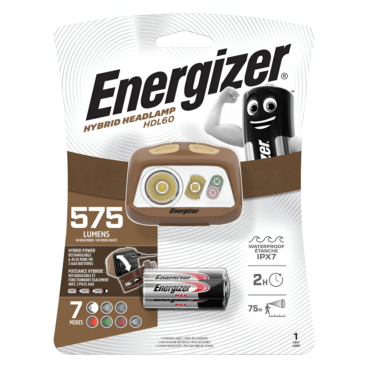 The packaging for the Energizer Rechargeable LED Head Torch 575 Lumen - Batteries Included highlights a tan LED headlamp with 575 lumens, an IPX7 waterproof rating, and seven lighting modes. It also includes an Energizer Max AA battery and features a cheerful battery character on the package. Ideal for anyone looking for a robust rechargeable head torch.