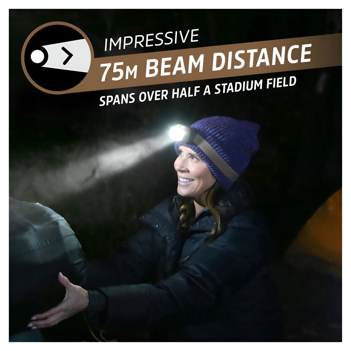 Using their Energizer Rechargeable LED Head Torch 575 Lumen - Batteries Included, a person shines 575 lumens of light into the darkness, lighting up an area of 75 meters. Dressed warmly in a jacket and knit hat, they seem well-prepared for their nighttime adventure with this dependable LED headlamp.