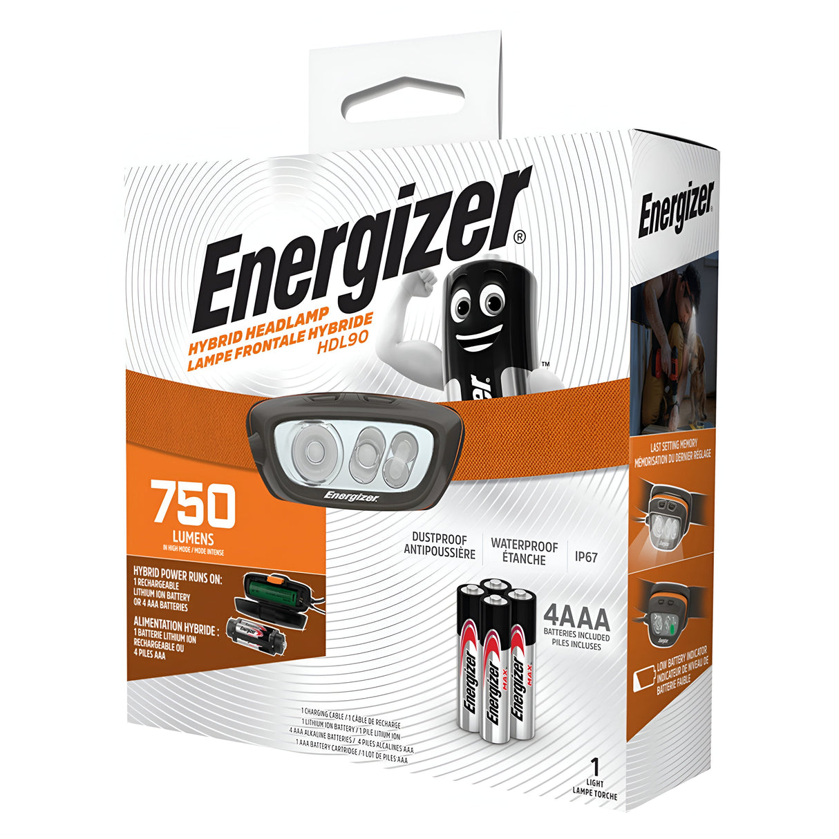 The packaging of the Energizer Rechargeable LED Head Torch 750 Lumens - Batteries Included features a headlamp offering 750 lumens of brightness and comes with four AAA batteries. The box emphasizes its pivoting head, hybrid power system, and notes its dustproof and waterproof abilities.