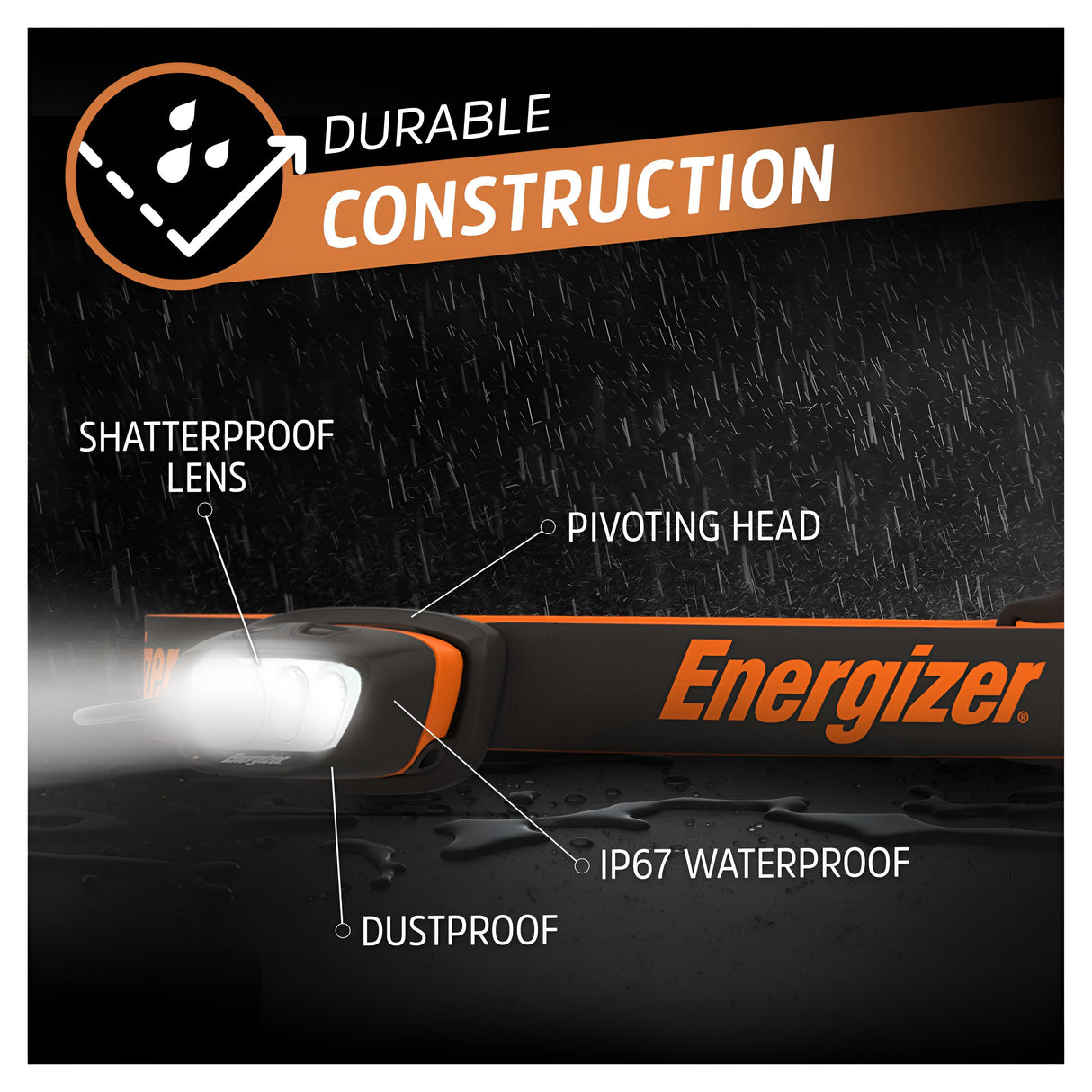 Image of the Energizer Rechargeable LED Head Torch 750 Lumens - Batteries Included with specifications overlay. The lamp is displayed in rain, showcasing its durable features such as a shatterproof lens, pivoting head, dustproof design, and IP67 waterproof rating. The text reads Durable Construction with Hybrid Power System.