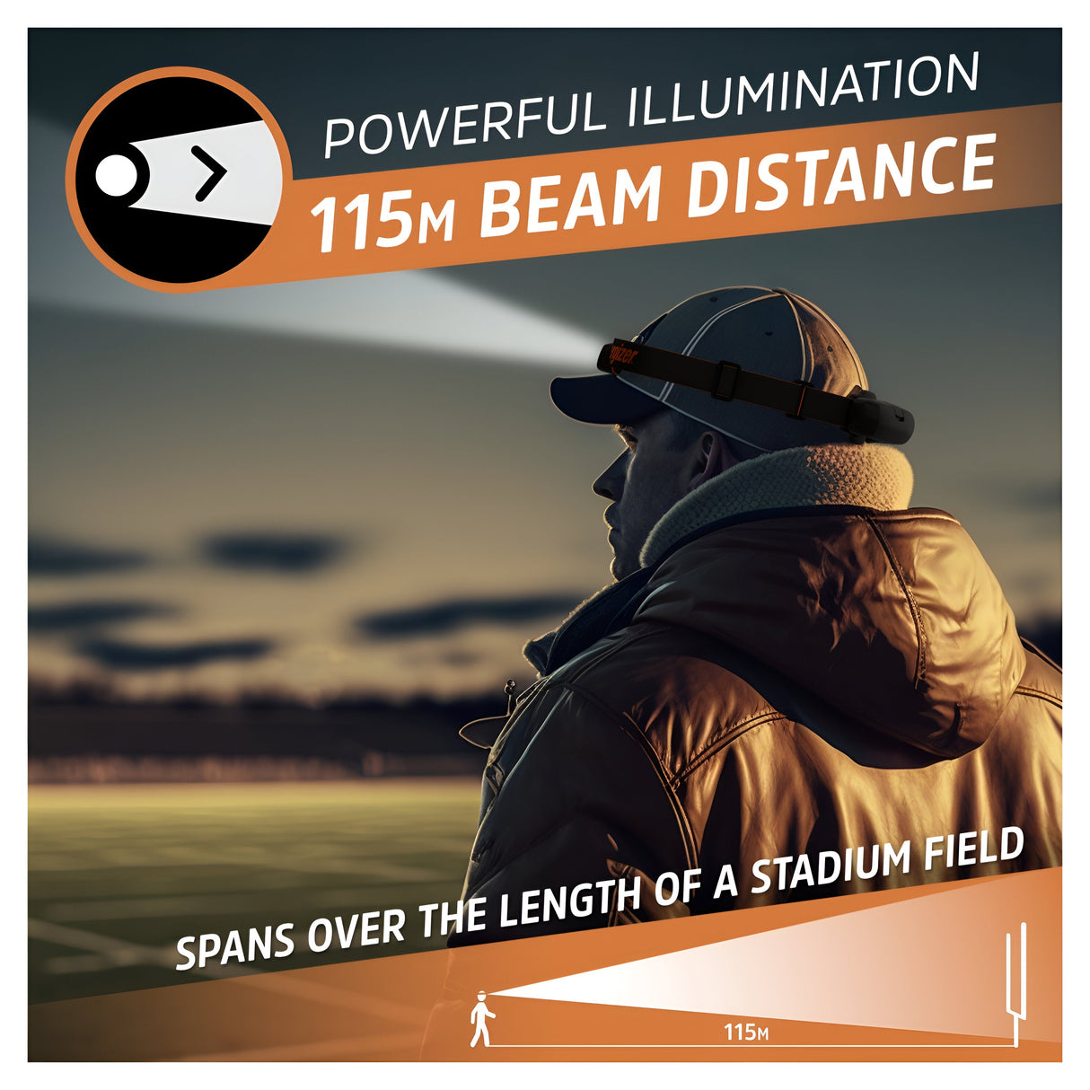 A person wearing a hat and jacket gazes into the distance as an Energizer Rechargeable LED Head Torch 750 Lumens - Batteries Included casts its powerful beam. Featuring a pivoting head, it delivers Powerful Illumination with a 115m Beam Distance, easily illuminating the length of a stadium field.