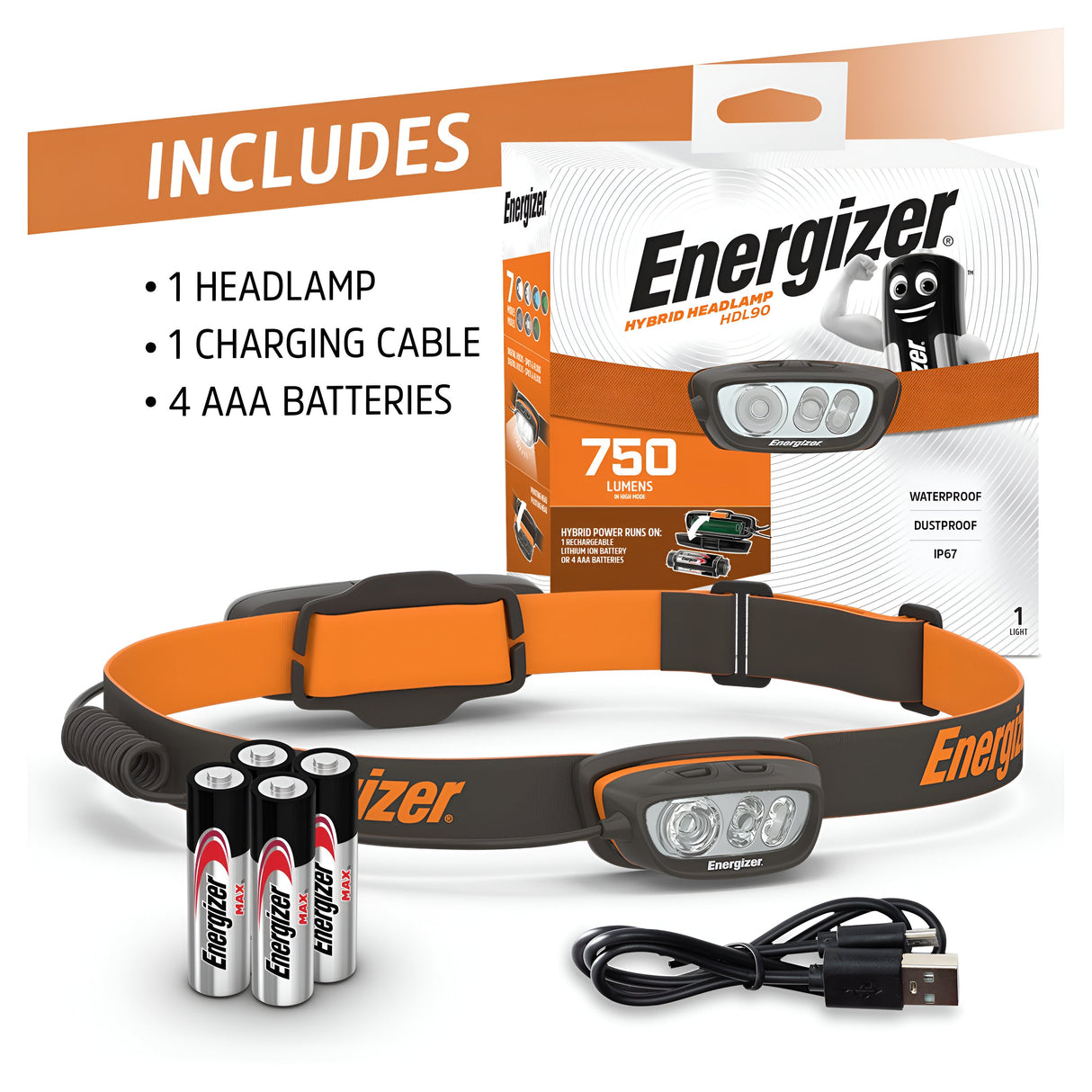 Image of the Energizer Rechargeable LED Head Torch 750 Lumens - Batteries Included package showcasing a black and orange headlamp with the iconic Energizer logo, featuring a pivoting head. Comes with a charging cable and four AAA batteries, offers 750 lumens brightness, and is waterproof. Ideal for versatile needs.