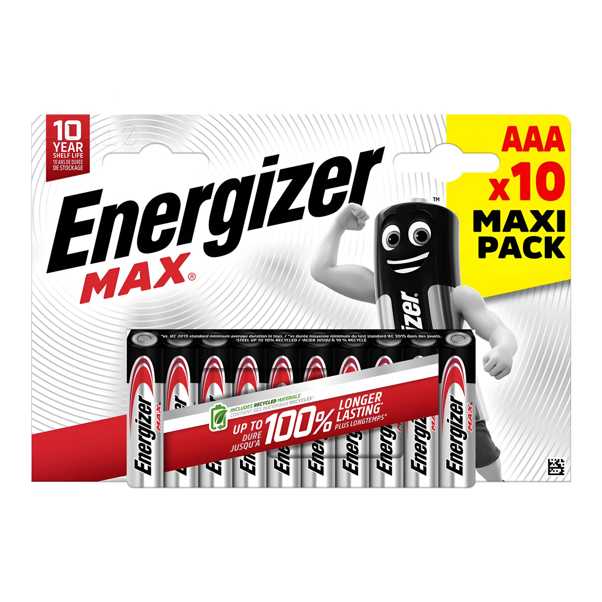 The packaging of Energizer Max AAA LR03 Alkaline Batteries (10 Pack) showcases a cartoon battery character. This maxi pack includes 10 batteries and emphasizes a 10-year shelf life, providing up to 100% longer-lasting power along with leak-resistant technology for dependable performance.