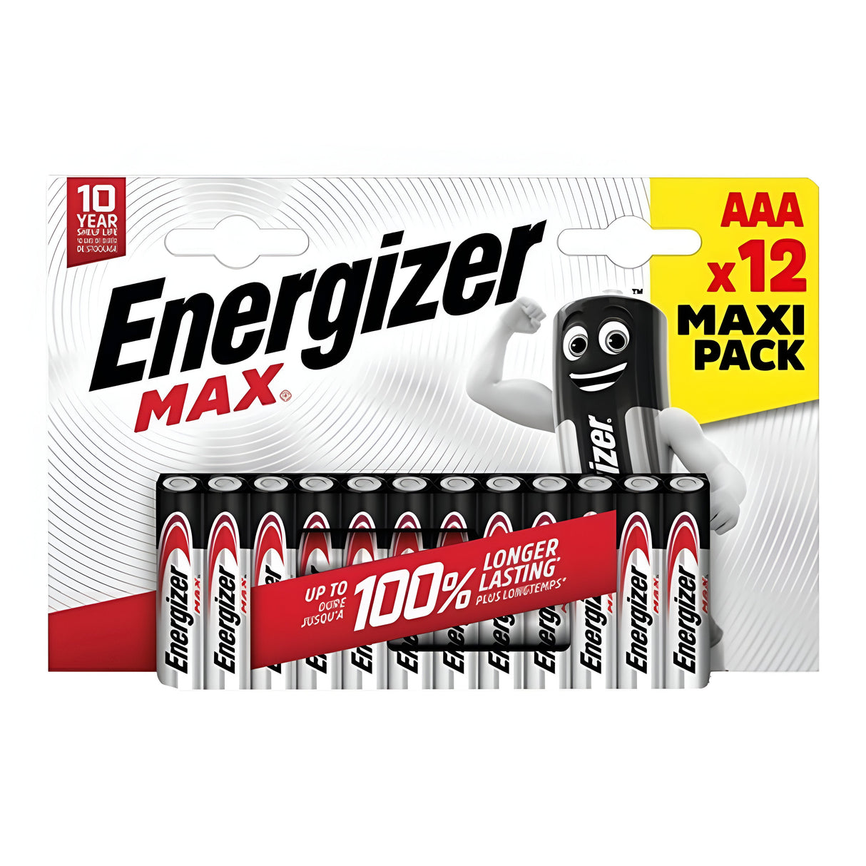 The Energizer Max AAA LR03 Alkaline Batteries (12 Pack) are displayed with a cartoon battery character flexing its arm. The packaging emphasizes extended power, offering a 10-year shelf life and promoting 100% longer-lasting performance.