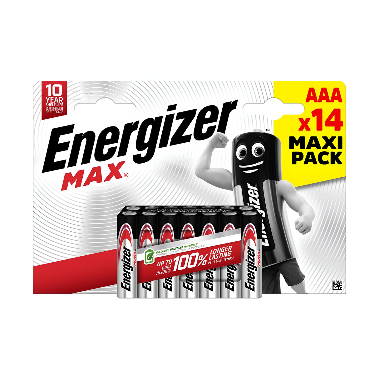 The packaging of the Energizer Max AAA LR03 Alkaline Batteries (14 Pack) presents a Maxi Pack containing 14 units, boasting long-lasting energy with up to 100% more power. The box highlights an animated battery character in the background, emphasizing the enduring strength of Energizer Max.