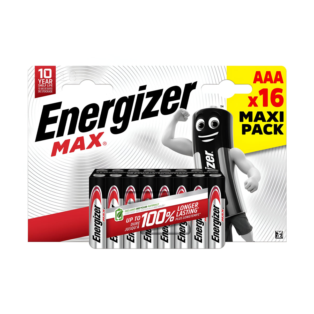 The Energizer Max AAA LR03 Alkaline Batteries (16 Pack) packaging features a stylized battery character, emphasizing a 10-year shelf life in the top left corner and boasting up to 100% longer lasting power.