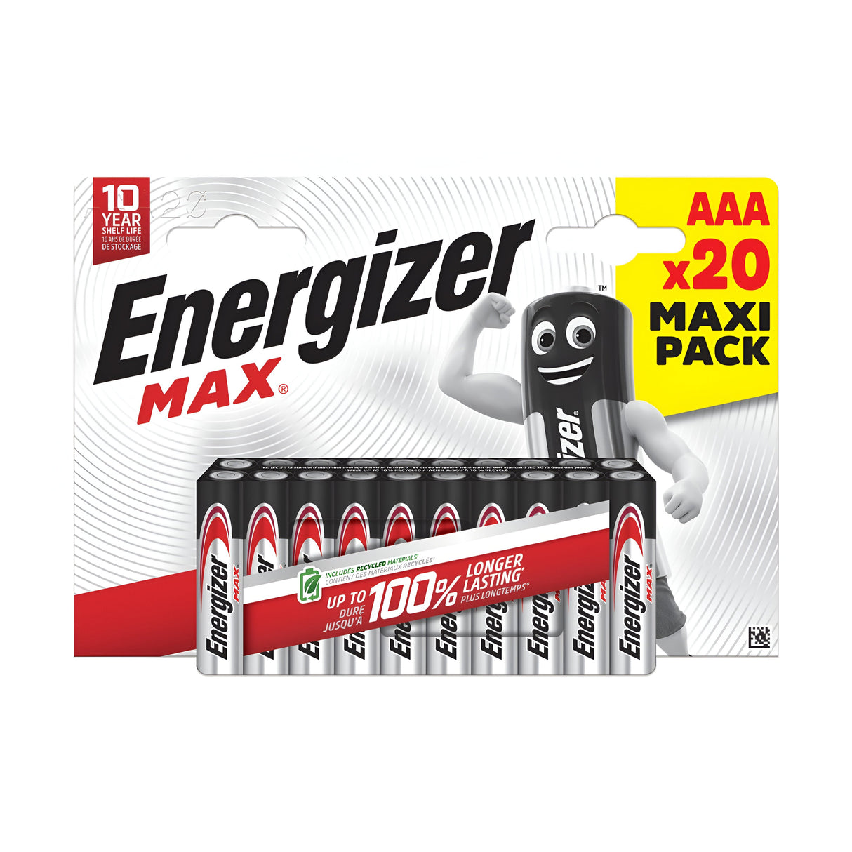 The packaging for the Energizer Max AAA LR03 Alkaline Batteries (20 Pack) showcases a cartoon battery character alongside the slogan "Up to 100% Longer Lasting." The design highlights the 10-year shelf life and durability of these dependable Energizer Max batteries.