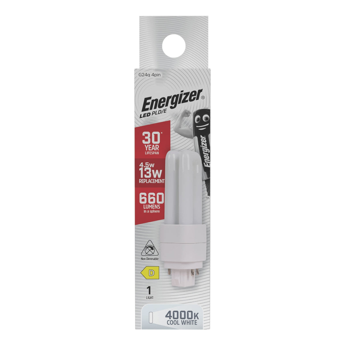 Energizer 4.5W Non-Dimmable LED PLD 4-Pin Bulb - Cold White, G24q, 4000K