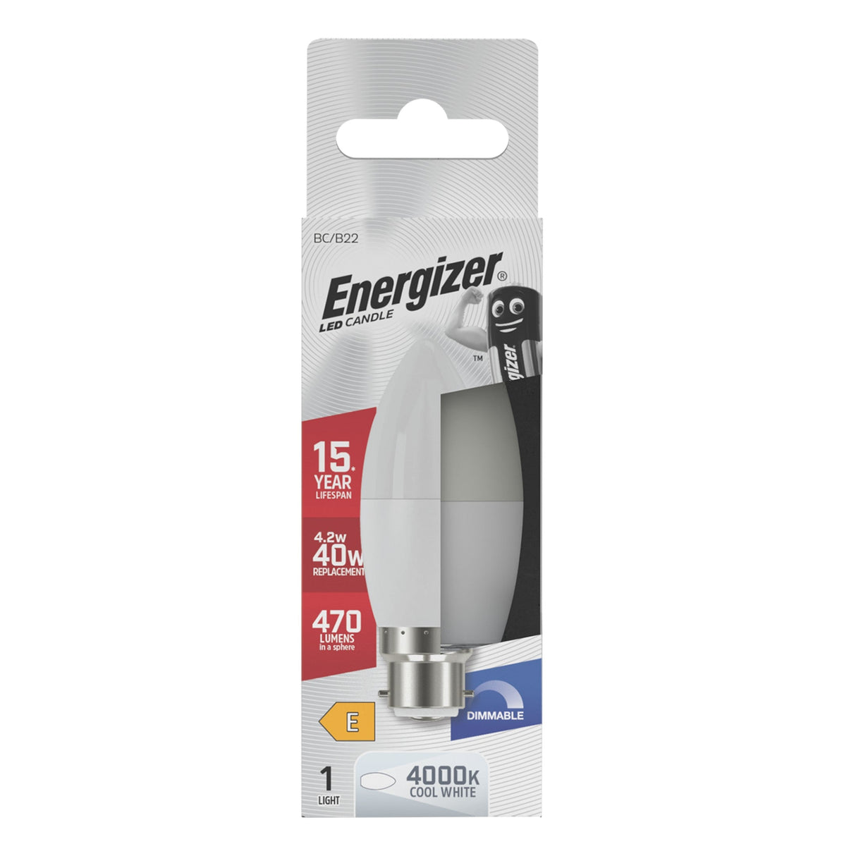 Energizer 4.2W Dimmable LED Candle Bulb - Cold White, B22, 4000K