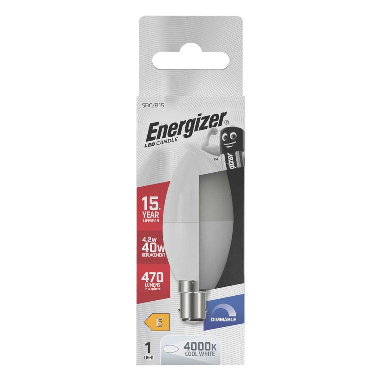 Energizer 4.2W Dimmable LED Candle Bulb - Cold White, B15, 4000K