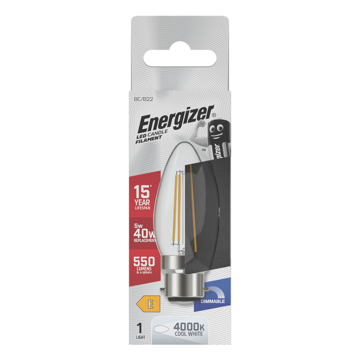 Energizer 5W Dimmable LED Candle Filament Bulb - Cold White, B22, 4000K