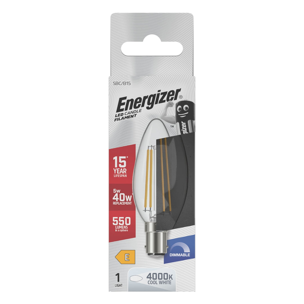 Energizer 5W Dimmable LED Candle Filament Bulb - Cold White, B15, 4000K