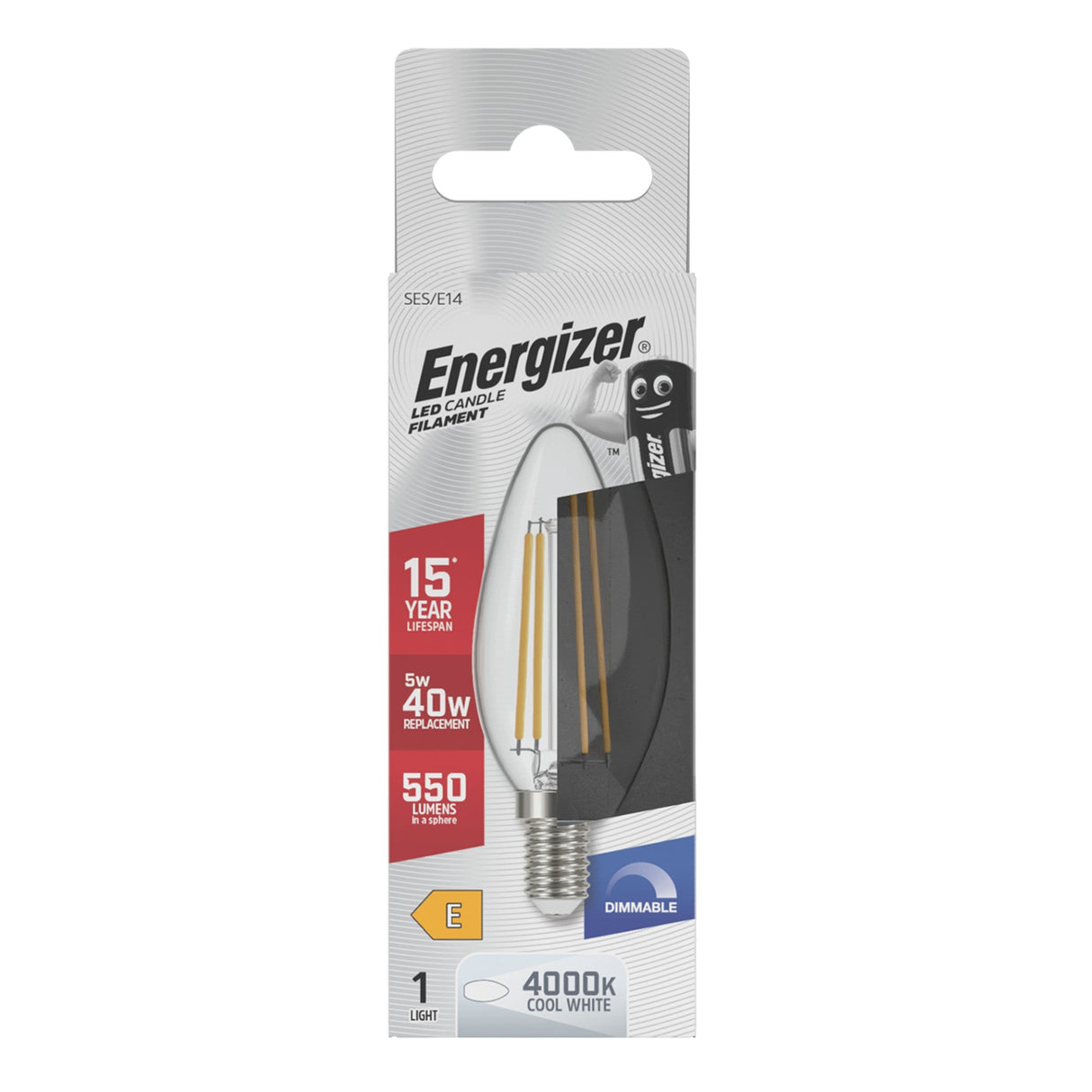 Energizer 5W Dimmable LED Candle Filament Bulb - Cold White, E14, 4000K