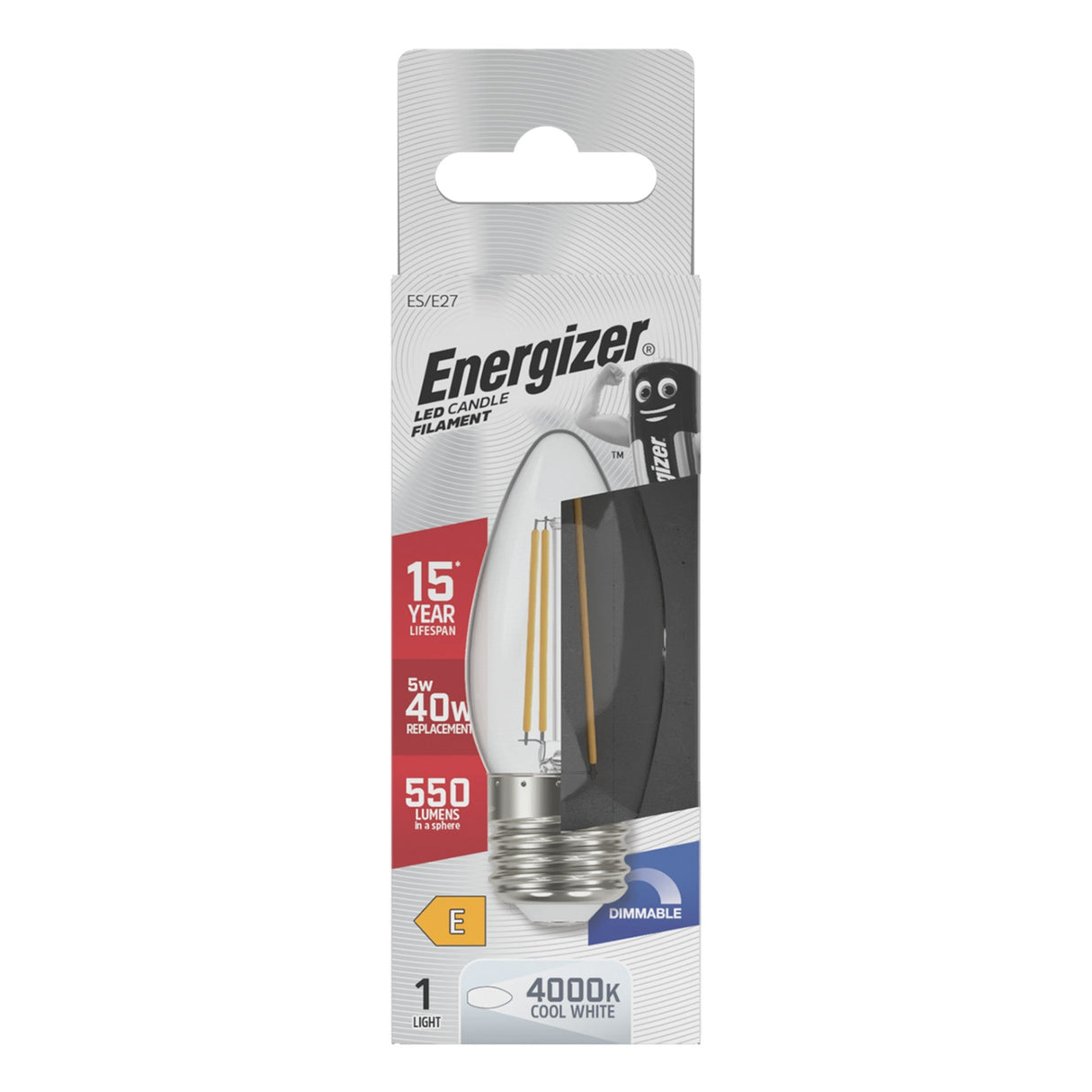 Energizer 5W Dimmable LED Candle Filament Bulb - Cold White, E27, 4000K