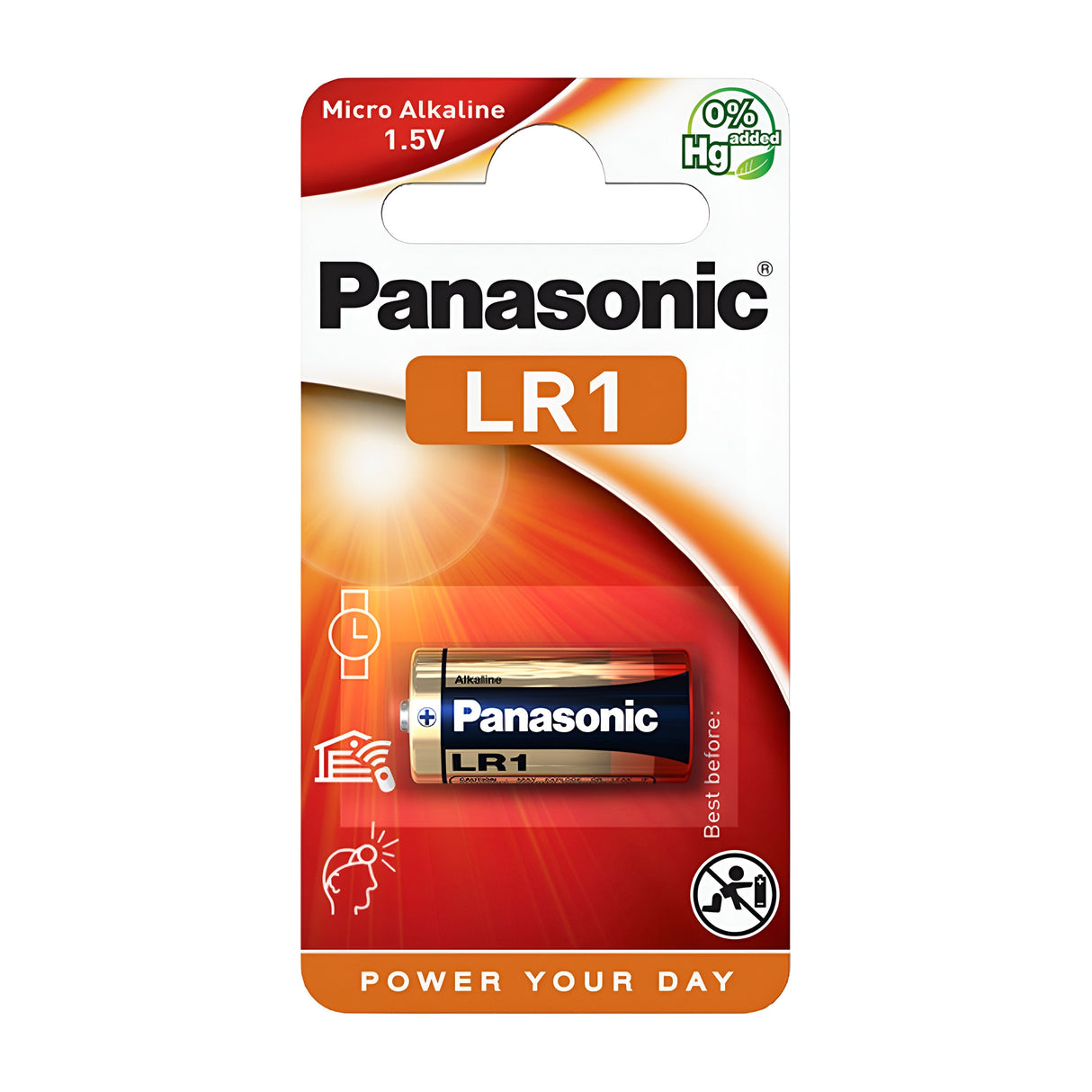 The packaging for the Panasonic LR1 Alkaline Battery (1 Pack) showcases a vibrant design with icons of a flashlight, camera, and headphones, highlighting its extended energy life. It prominently declares 0% Hg added and encourages you to Power Your Day at the bottom.
