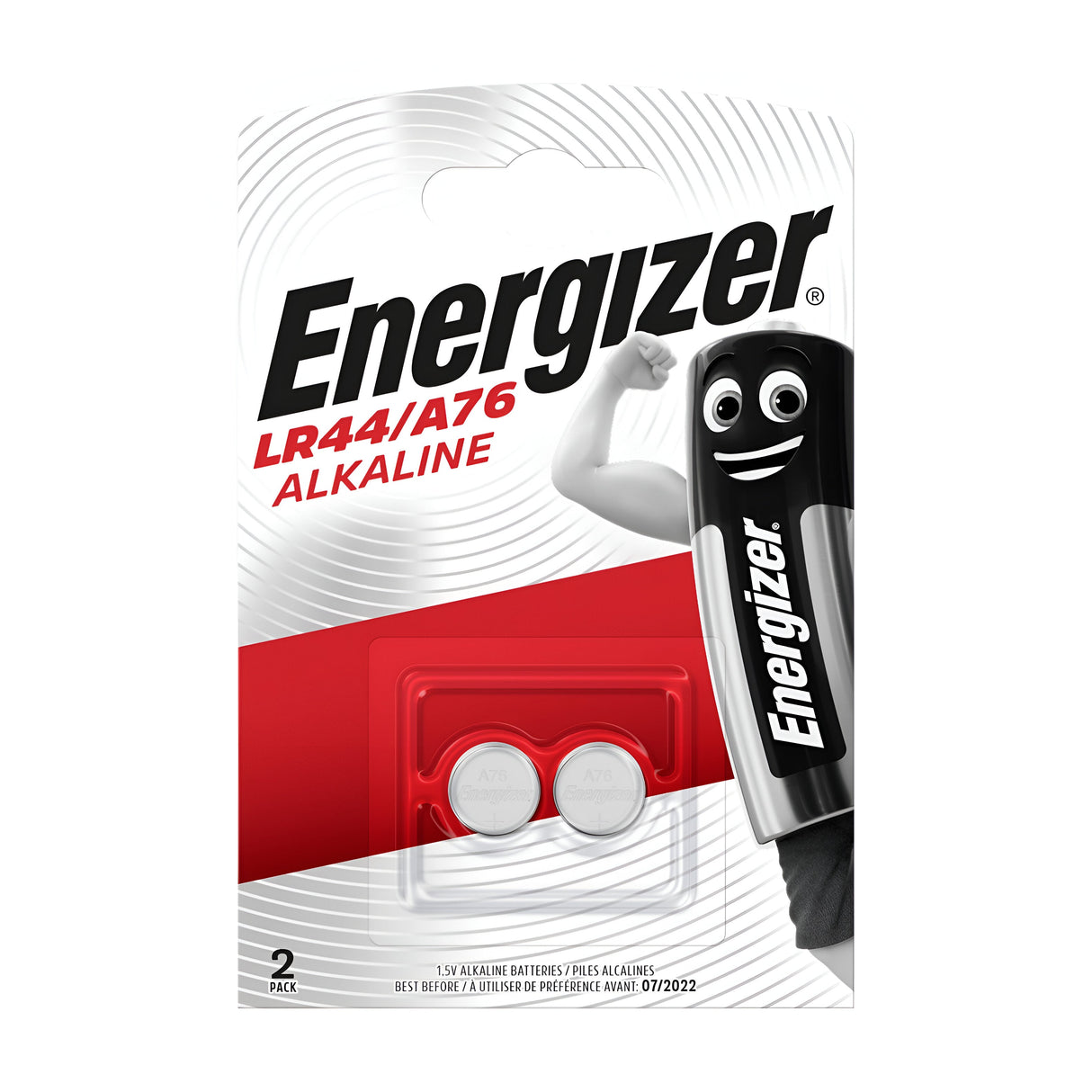 The Energizer LR44/A76 Alkaline Button Cell Batteries (2 Pack) packaging features the smiling battery mascot prominently on the front. It highlights long-lasting energy, and the pack includes two batteries with text emphasizing device compatibility and essential product details.