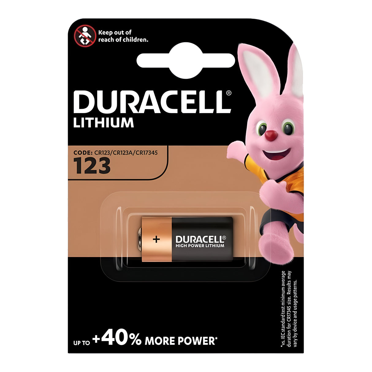The Duracell Ultra CR123 DL123 Lithium Battery (1 Pack) comes in packaging that includes the iconic pink bunny mascot on the top right. It highlights up to 40% more long-lasting power, specifically designed for high-drain applications, and features a safety warning to keep out of reach of children.