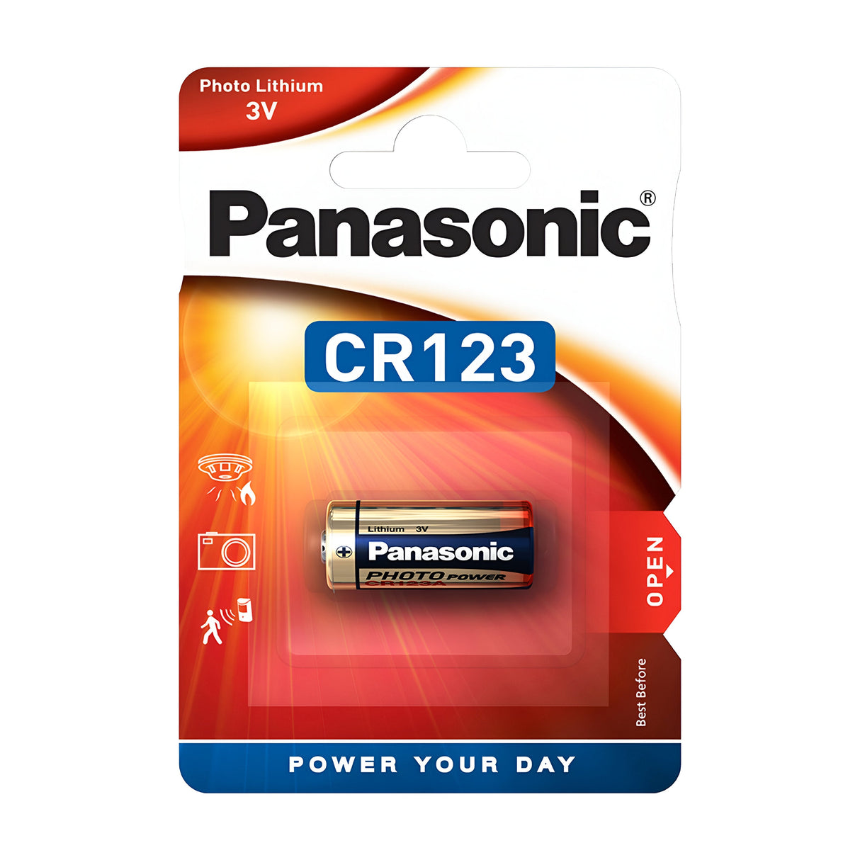 The packaging of the Panasonic CR123 Lithium Coin Cell Battery (1 Pack) highlights its advanced technology. The predominantly white package is accented with orange and red, prominently displaying the Panasonic logo. Icons indicate suitability for cameras and various devices, with "Power Your Day" prominently featured at the bottom.