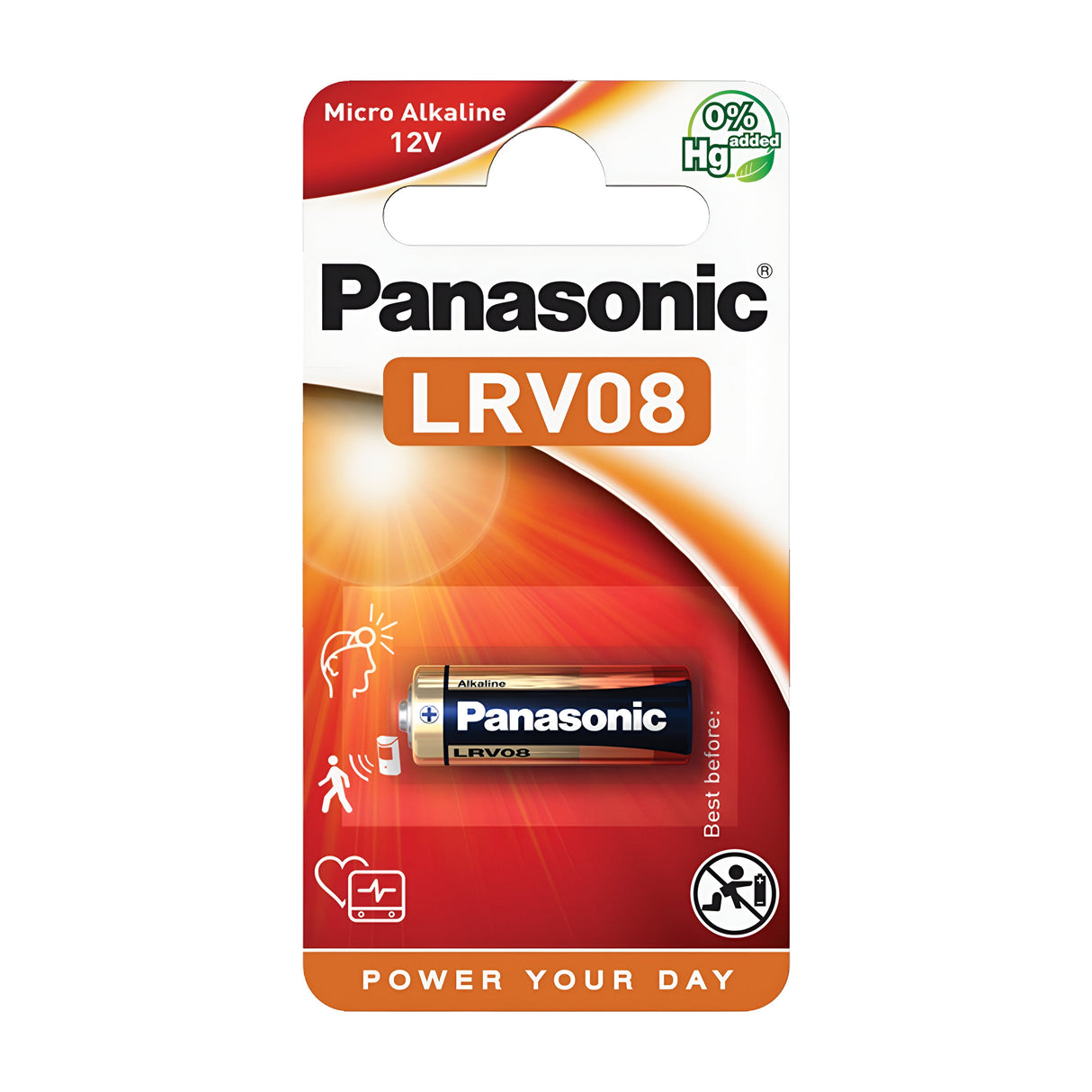 The Panasonic LRV08 Alkaline Battery (1 Pack), boasting advanced lithium technology, is presented in packaging that's white and orange, emphasizing its mercury-free composition and readiness to Power Your Day. Icons indicate its compatibility with electronic devices, making it a dependable choice for a Button Cell Battery.