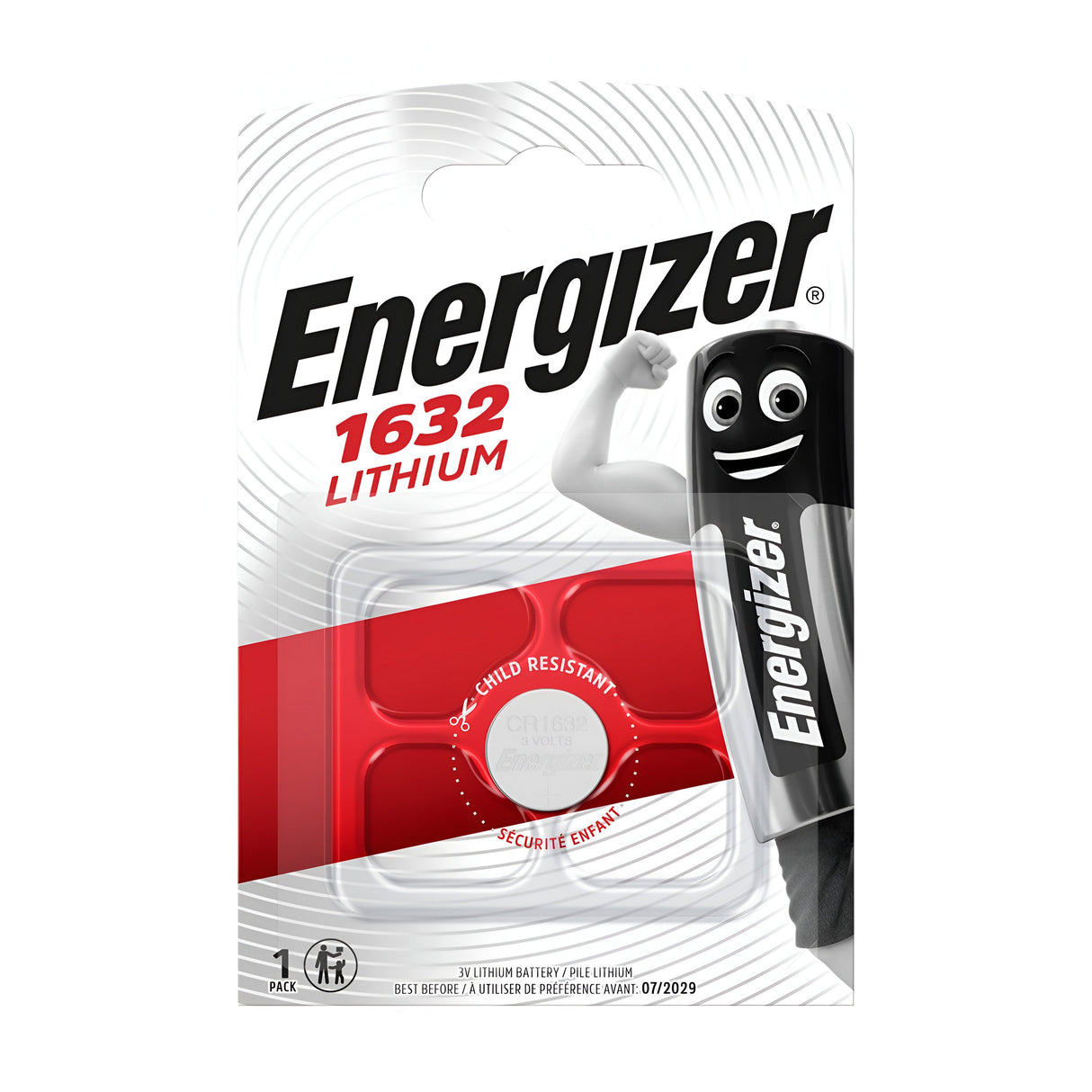 The packaging for the Energizer CR1632 Lithium Coin Cell Battery (1 Pack) features a bold red and white design with a cartoon battery character flexing its arm. It emphasizes the child-resistant feature while displaying essential product details at the bottom.