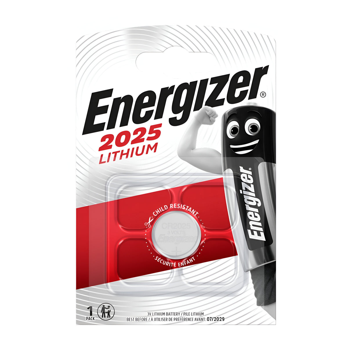 The package of an Energizer CR2025 Lithium Coin Cell Battery (1 Pack) features a graphic of a battery with a smiling face and muscular arm, securely placed in a child-resistant, red plastic holder.
