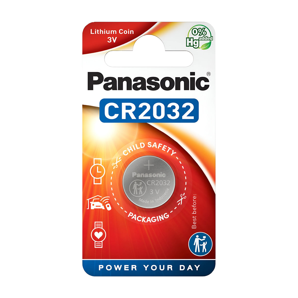 The packaging of the Panasonic CR2032 Lithium Coin Cell Battery (1 Pack) highlights long-lasting power and prioritizes child safety with a mercury-free design. It features graphics for straightforward installation and offers a clear view of the battery inside.