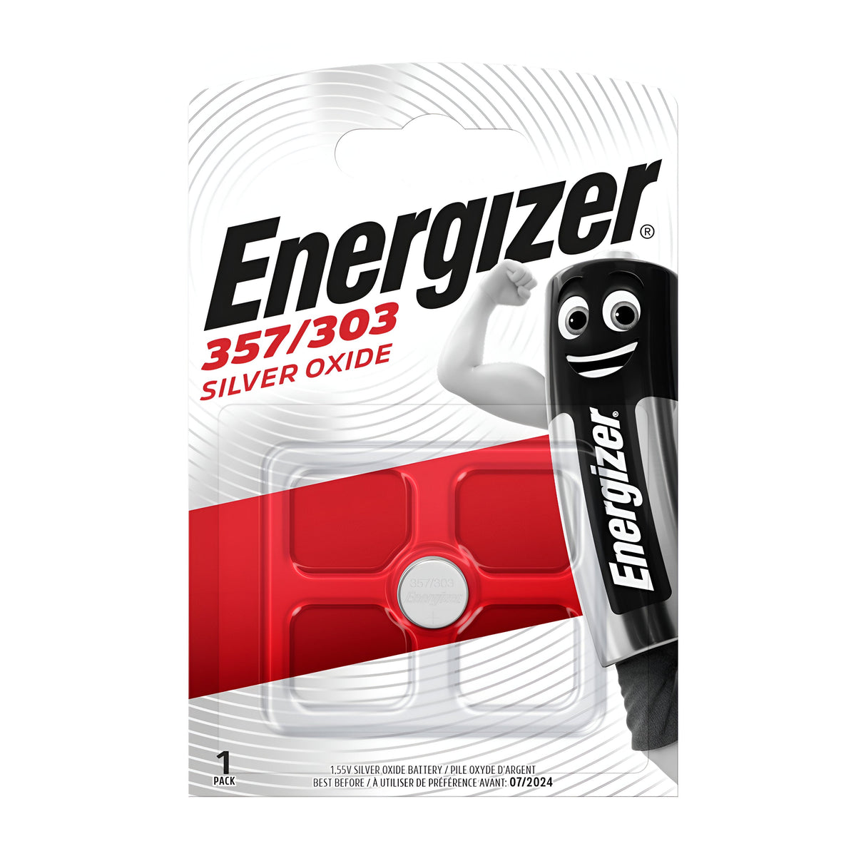 The image shows a package of the Energizer 357/303 Silver Oxide Button Cell Battery (1 Pack), featuring a cartoon battery character flexing an arm with text that reads "1 pack," all highlighted against a backdrop of red and white design elements.