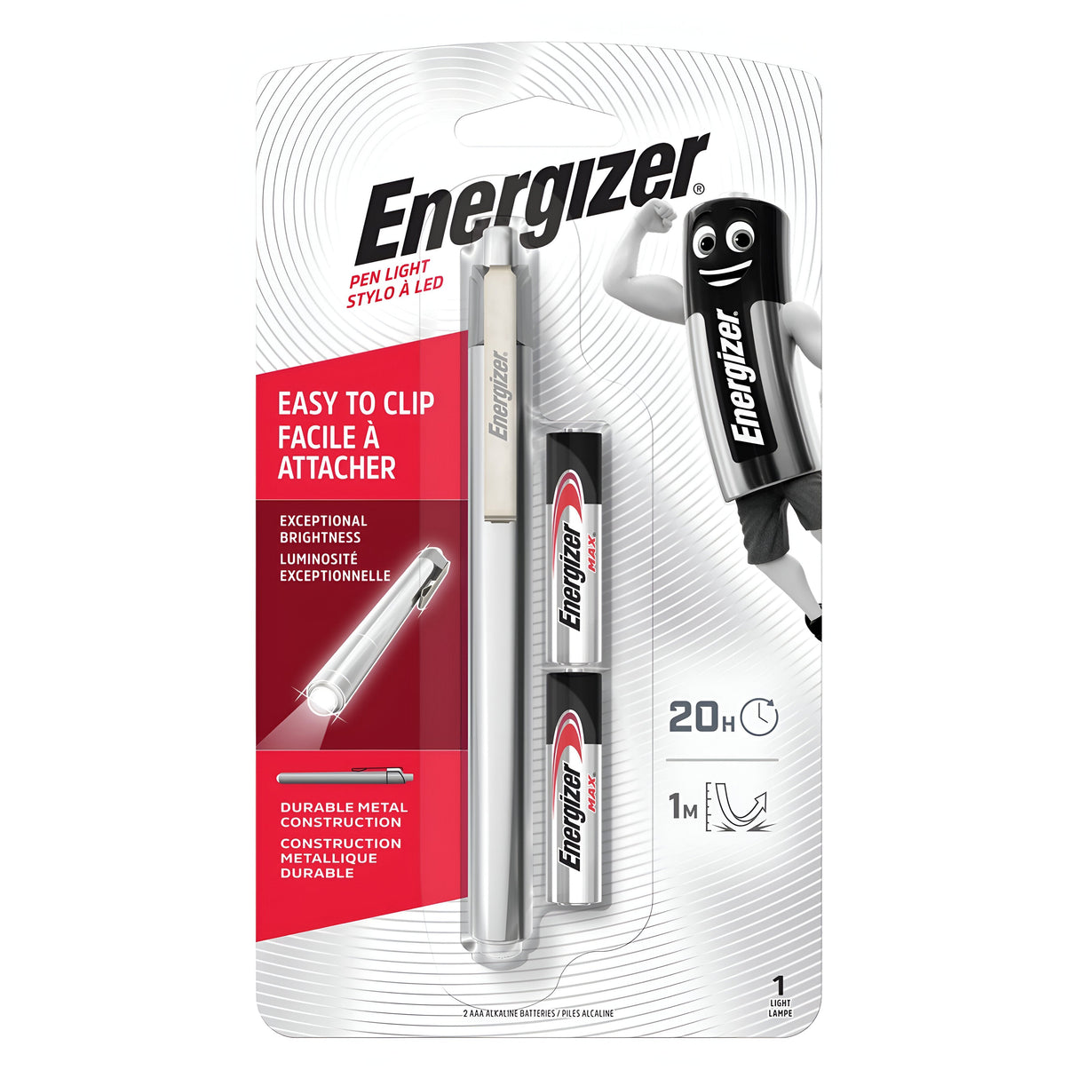 The packaging of the Energizer Metal Penlite Torch 35 Lumen highlights its convenient clip design and sturdy metal build, providing bright directional lighting with a 20-hour runtime. It comes with an LED lamp, battery, and features a character image in the top right corner. The text is presented in both English and French.