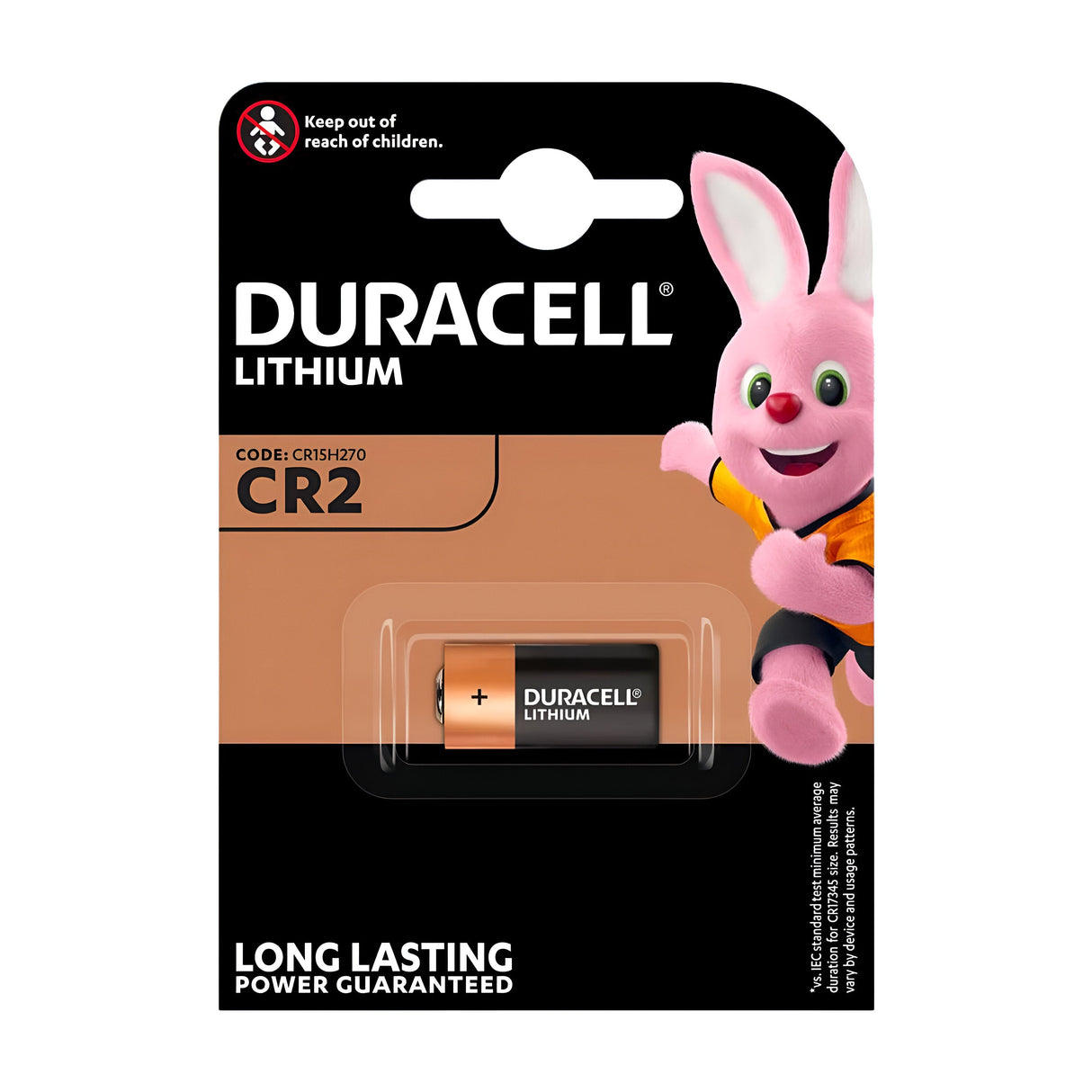 The packaging of the Duracell Ultra CR2 Lithium Battery (1 Pack) prominently displays the well-known pink bunny mascot and highlights its compatibility with high-tech devices. It emphasizes the long-lasting power of the lithium battery and provides safety guidance to keep it out of children's reach.