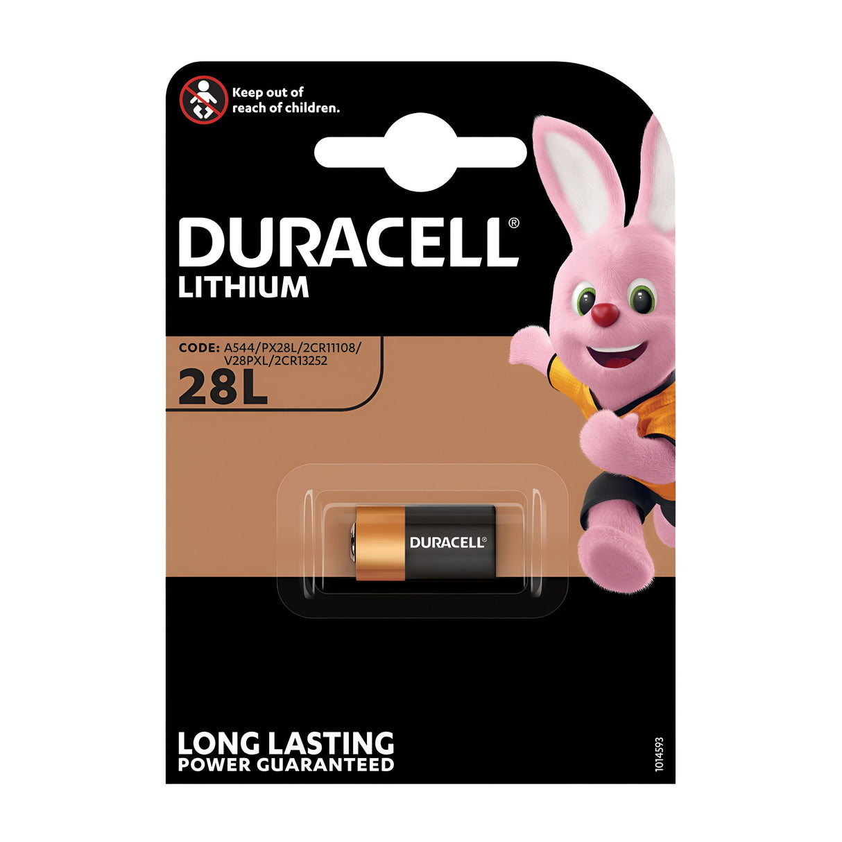 Packaging of a Duracell High Power 28L Lithium Battery (1 Pack) with the iconic Duracell bunny prominently displayed. The design showcases a black and copper background that emphasizes the Duralock Power Preserve technology for reliable, long-lasting performance. A label assures "Long Lasting Power Guaranteed." Product codes include A544/PX28L/etc. Additionally, there is a child safety warning included.