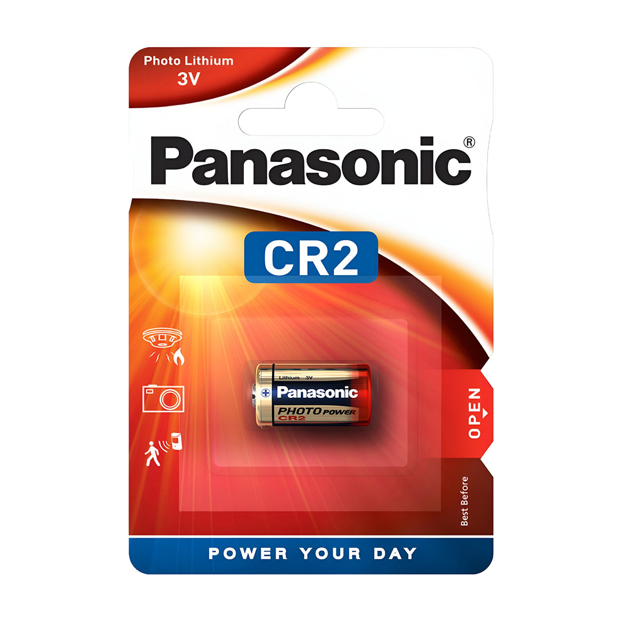 Image of a Panasonic CR2 Lithium Coin Cell Battery (1 Pack) in its packaging, tailored for high-energy devices. The packaging is predominantly white with red accents and includes icons representing cameras and alarms. Text reads "Photo Lithium 3V" and "Power Your Day.