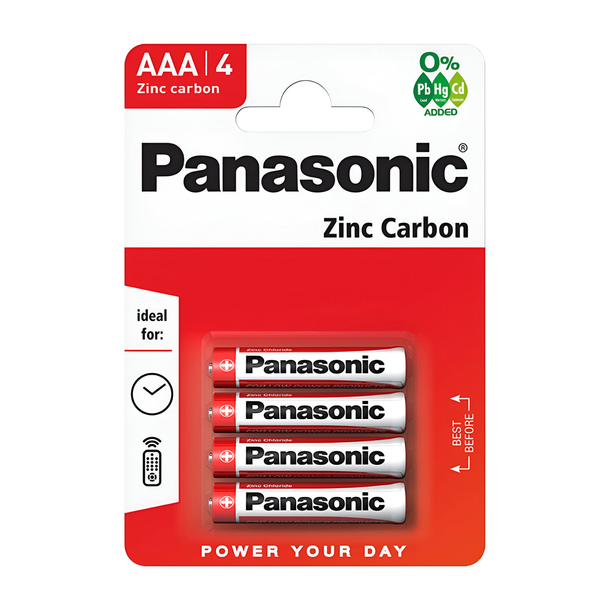 A pack of Panasonic AAA LR03 zinc batteries, ideal for low-drain devices such as remote controls. The predominantly red and white packaging emphasizes that they are free from lead, mercury, and cadmium. Labeled with "Power Your Day" to guarantee reliability and efficiency.
