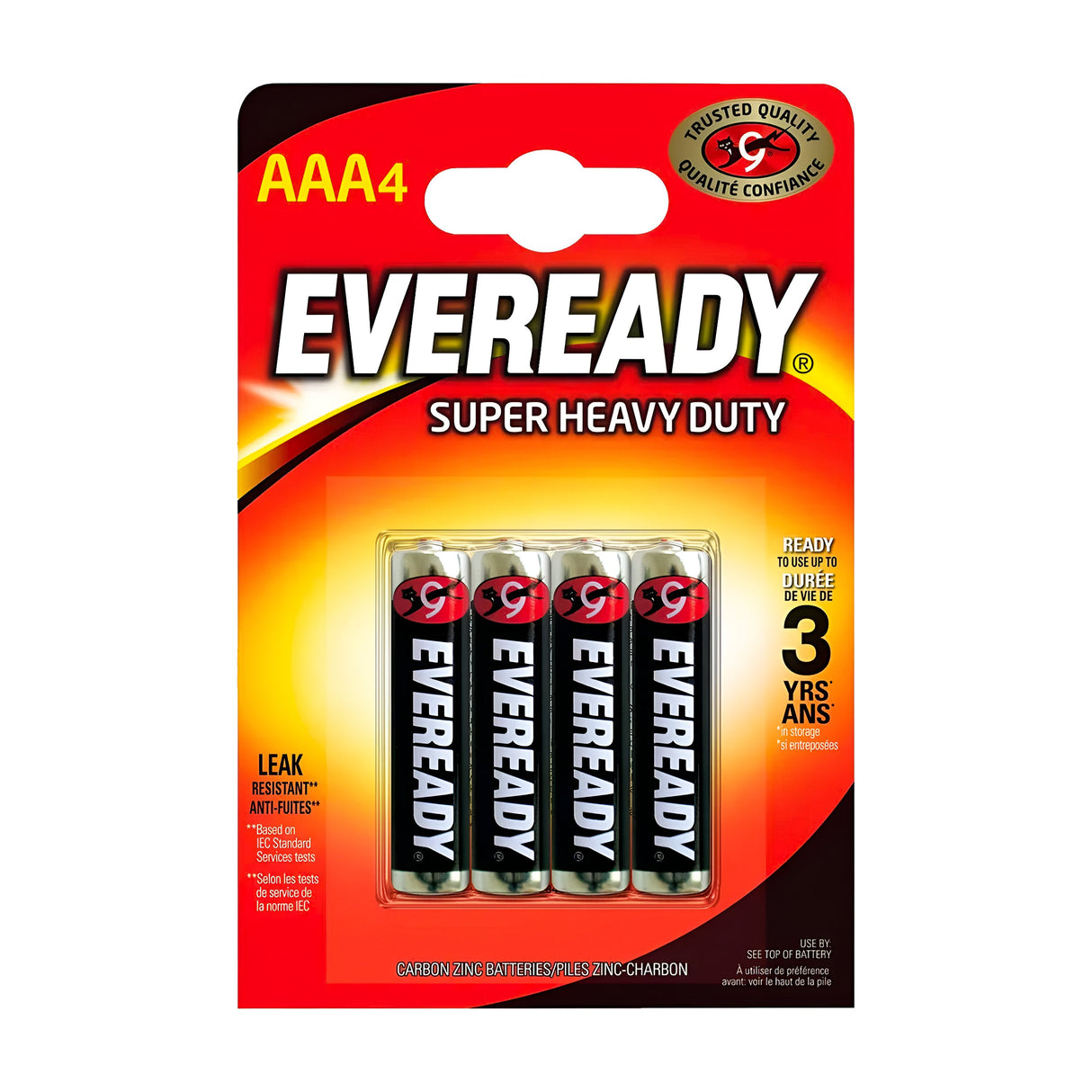The packaging of the Eveready AAA Super Zinc Heavy Duty Batteries (4 Pack) boasts a striking red and black design. Emphasizing Trusted Quality with carbon zinc technology, these leak-resistant batteries offer a 3-year guarantee for reliable performance.