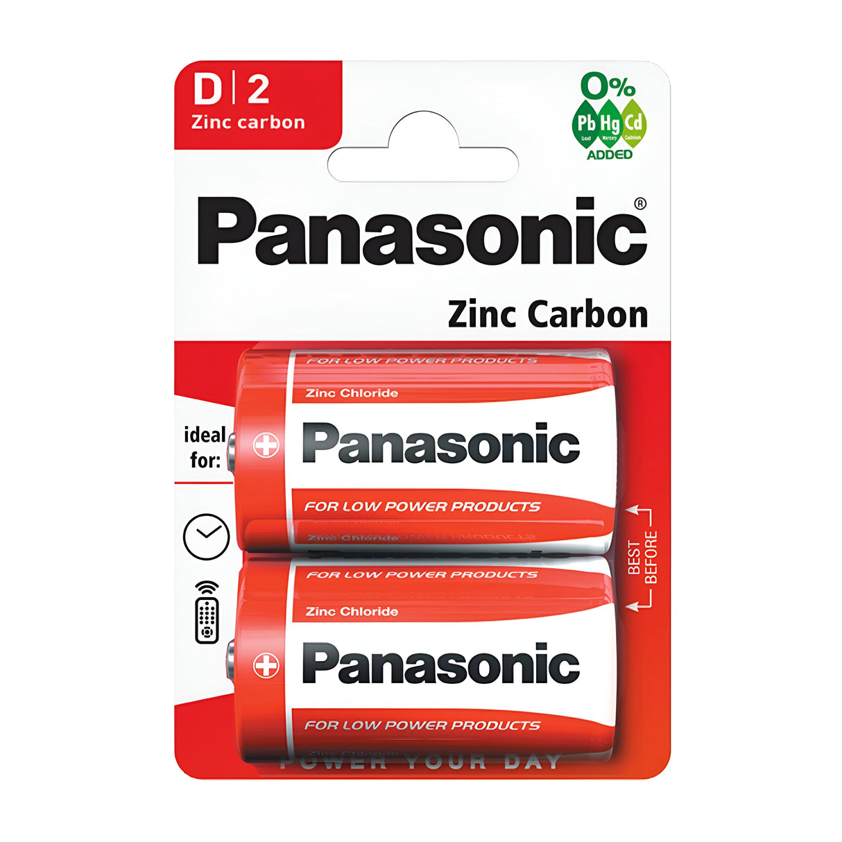 The Panasonic D Size Zinc Batteries (2 Pack) come in packaging that displays a white background with red accents, emphasizing their ideal use for low-drain devices. These batteries offer economical and reliable power while noting they have 0% Pb, Hg, Cd added, ensuring eco-friendly performance.
